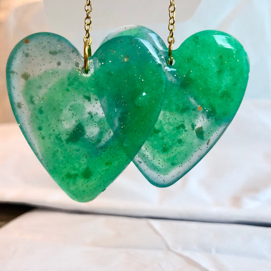 Blue and green hearts with gold. Large size.